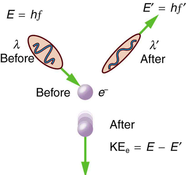 Collision of an electron with a photon of energy E equal to h f is shown. The electron is represented as a spherical ball and the photon as an ellipse enclosing a wave. After collision the energy of the photon becomes E prime equal to h f prime and the final energy of an electron K E sub e is equal to E minus E prime. The direction of electron and photon before and after collision is represented by arrows.