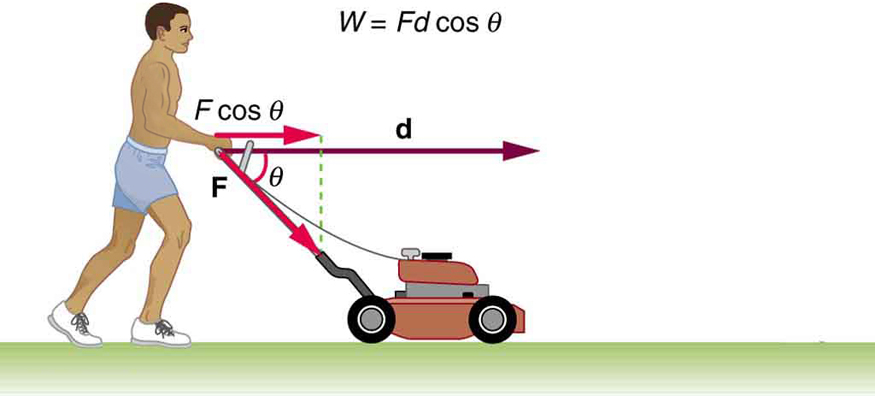 A person pushing a lawn mower with a force F. Force is represented by a vector making an angle theta below the horizontal and distance moved by the mover is represented by vector d. The component of vector F along vector d is F cosine theta. Work done by the person, W, is equal to F d cosine theta.