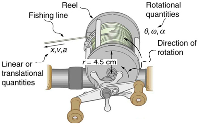 The figure shows a fishing reel, with radius equal to 4.5 centimeters. The direction of rotation of the reel is counterclockwise. The rotational quantities are theta, omega and alpha, and x, v, a are linear or translational quantities. The reel, fishing line, and the direction of motion have been separately indicated by curved arrows pointing toward those parts.