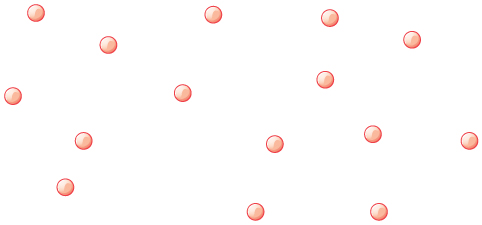 Spheres representing atoms and molecules; the spheres are relatively far apart and are distributed randomly.