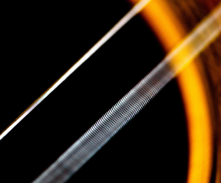 The given figure shows a closed zoom view of the strings of a guitar. There are two slanting white colored strings in the picture. In the nearer string, the gaps between the circular threads of the string are visible, whereas the second white string at the back looks like a white thin stick.