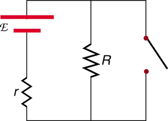 This diagram shows a circuit with a voltage source and internal resistance small r. A resistance R and an open switch are connected in parallel to it.