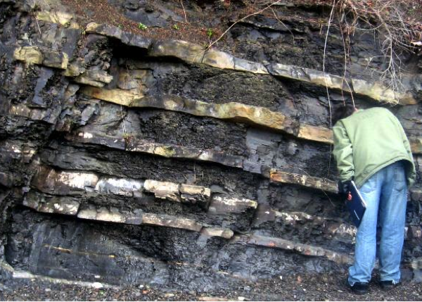 Alternating layers of light and dark rock of various textures