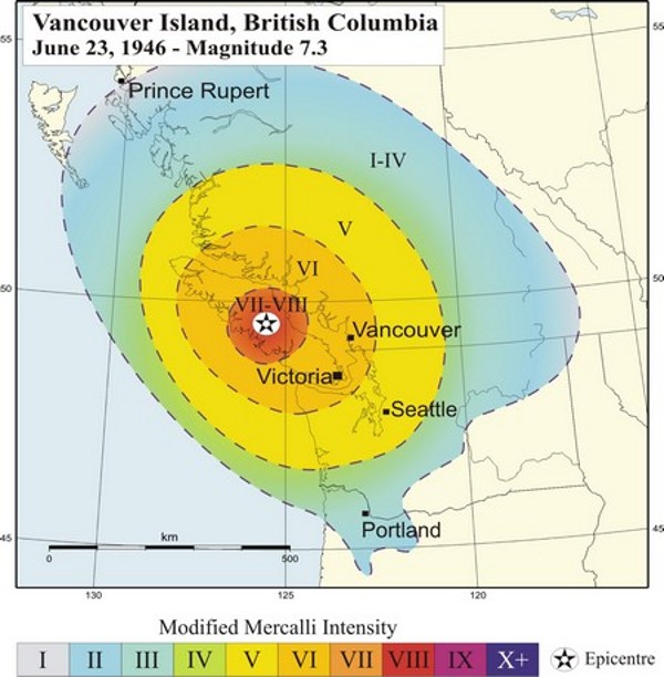 The graduated intensity of a 7.3 earthquake. Image description available.