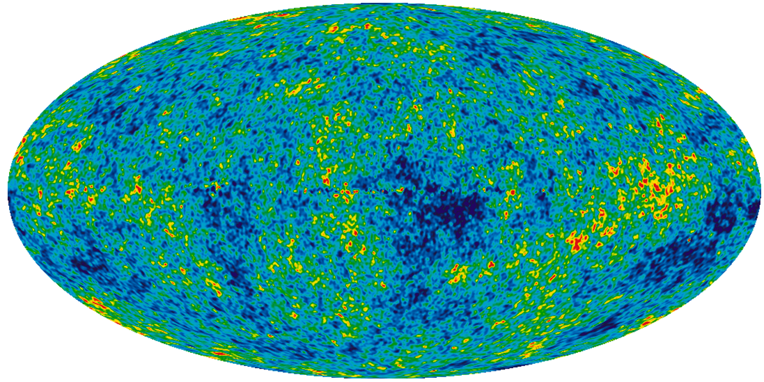 A map of cosmic background radiation from when the universe was around 380,000 years old. The colours are artificial and show tiny temperature variations.
