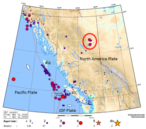Earthquakes in BC in March and April 2015. A red circle marks the earthquakes near Fort St. John.