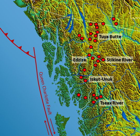 Tuya Butte, Edziza, Stikine River, Iskut-Unuk, and Tseax River are volcanic fields in north western BC