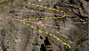 Folded rocks (outlined in yellow) and fold axes (pink) [SE]