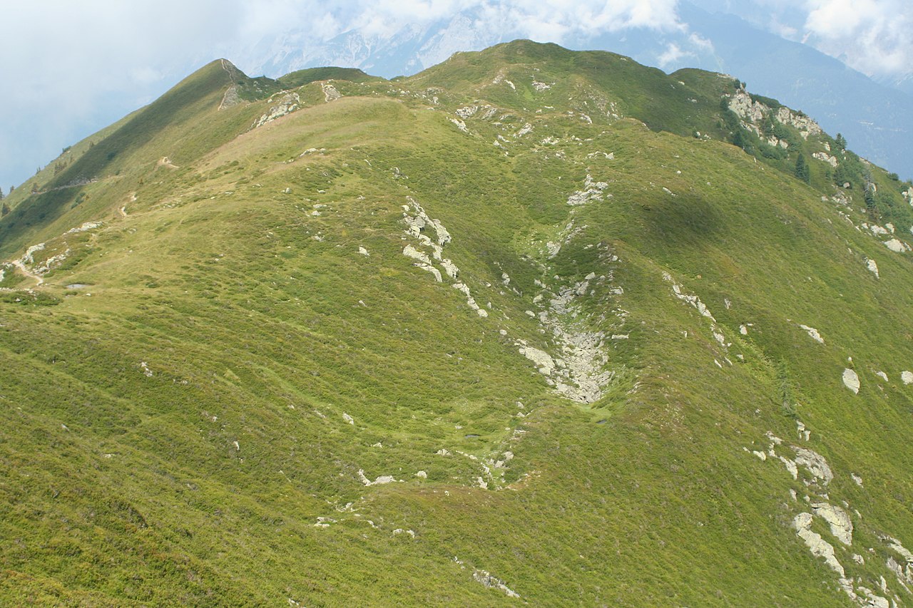 A slab of rock detaches from a grassy mountainside.