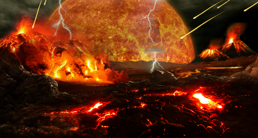 A volcanic hellscape with a molten planet on the horizon as though a collision is imminent.