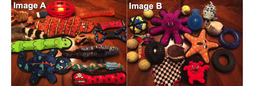 Image A: Many long skinny dog toys are arranged parallel to each other. Image B: A variety of roundish dog toys lay on a table in no particular alignment.