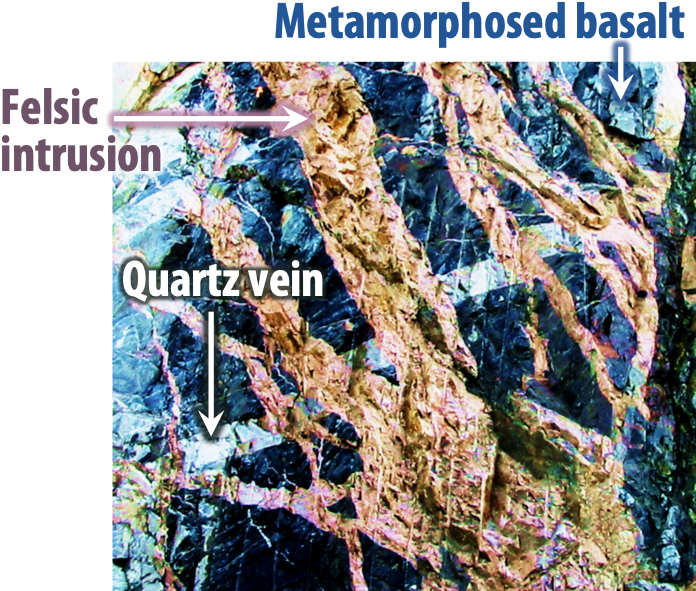 A rock's layers labelled with metamorphosed basalt, quartz vein, and felsic intrusion.