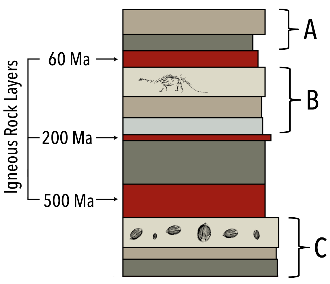The bottom layer for sedimentary unit A is 60 Ma. The The layer after sedimentary unit B is 200 Ma. The layer before sedimentary unit C is 500 Ma.
