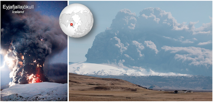 Figure 11-31 Hydrovolcanic eruption of Eyjafjallajökull in April of 2010. Left- Eruptive column with volcanic lightning. Volcanic lightning is caused by the static electricity generated by volcanic ash particles rubbing together. Right- Another view of the ash cloud, with westward winds carrying ash toward Europe where it would disrupt air traffic.