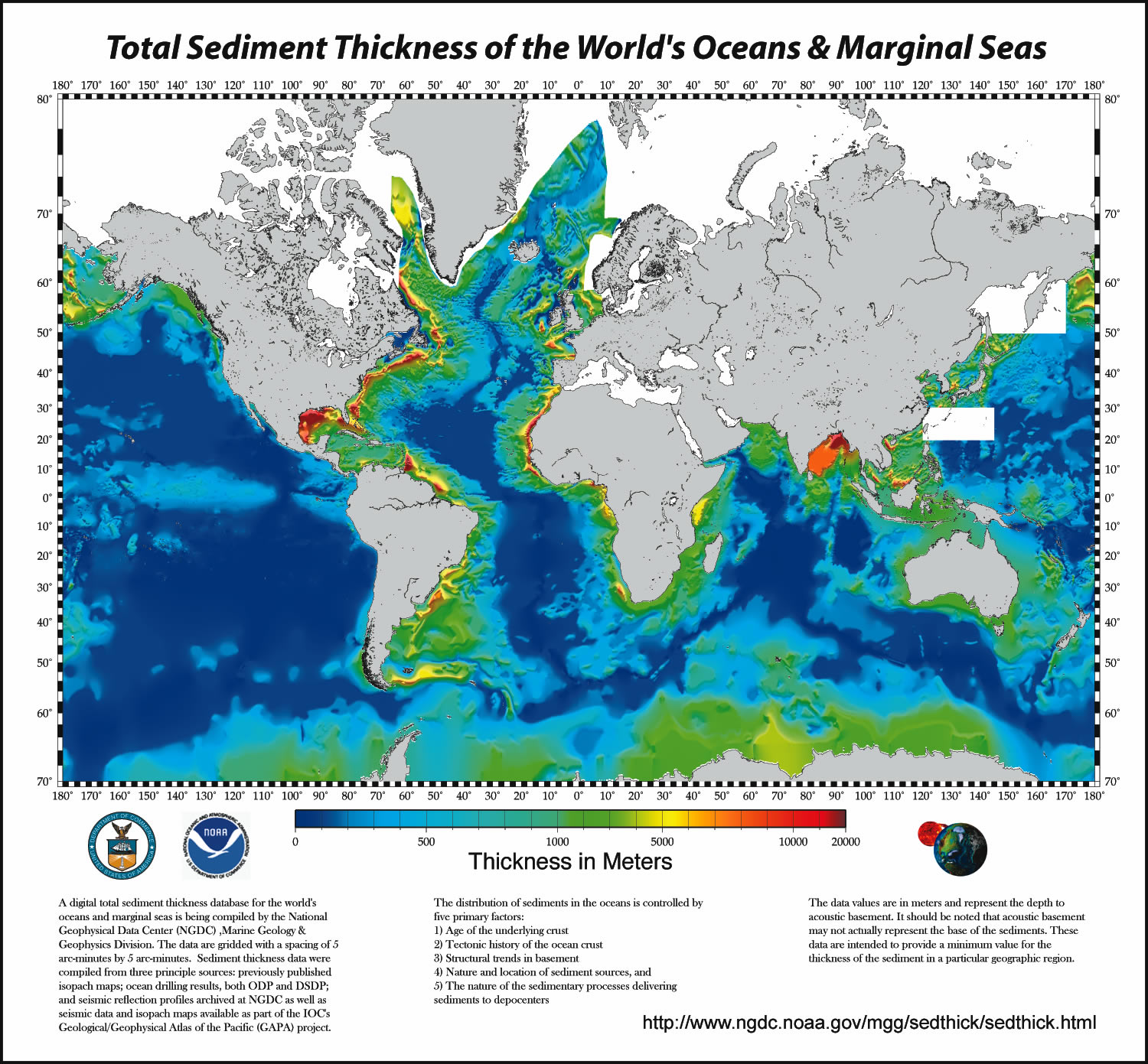 Figure 4.10 Map of global sediment thickness. [Source: NOAA, http://1.usa.gov/1Ywxxz6]
