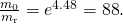 Rendered by QuickLaTeX.com \frac{{m}_{0}}{{m}_{\text{r}}}={e}^{4\text{.}\text{48}}=\text{88}\text{.}