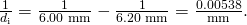 Rendered by QuickLaTeX.com \frac{1}{{d}_{\text{i}}}=\frac{1}{6\text{.}\text{00 mm}}-\frac{1}{6\text{.}\text{20 mm}}=\frac{0\text{.}\text{00538}}{\text{mm}}\text{.}