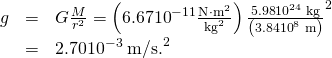 Rendered by QuickLaTeX.com \begin{array}{lll}g& =& G\frac{M}{{r}^{2}}=\left(6\text{.}\text{67}×{\text{10}}^{-\text{11}}\frac{\text{N}\cdot {\text{m}}^{2}}{{\text{kg}}^{2}}\right)×\frac{5\text{.}\text{98}×{\text{10}}^{\text{24}}\phantom{\rule{0.25em}{0ex}}\text{kg}}{\left(3\text{.}\text{84}×{\text{10}}^{8}\phantom{\rule{0.25em}{0ex}}\text{m}{\right)}^{2}}\\ & =& 2\text{.}\text{70}×{\text{10}}^{-3}\phantom{\rule{0.25em}{0ex}}{\text{m/s.}}^{2}\end{array}