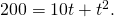 Rendered by QuickLaTeX.com \text{200}=\text{10}t+{t}^{2}\text{.}
