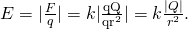 Rendered by QuickLaTeX.com E=|\frac{F}{q}|=k|\frac{\text{qQ}}{{\mathrm{qr}}^{2}}|=k\frac{|Q|}{{r}^{2}}.