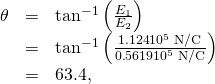Rendered by QuickLaTeX.com \begin{array}{lll}\theta & =& {\text{tan}}^{-1}\left(\frac{{E}_{1}}{{E}_{2}}\right)\\ & =& {\text{tan}}^{-1}\left(\frac{1\text{.}\text{124}×{\text{10}}^{5}\phantom{\rule{0.25em}{0ex}}\text{N/C}}{0\text{.}\text{5619}×{\text{10}}^{5}\phantom{\rule{0.25em}{0ex}}\text{N/C}}\right)\\ & =& \text{63}\text{.}4º,\end{array}