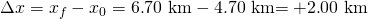 Rendered by QuickLaTeX.com \Delta x={x}_{f}-{x}_{0}=6\text{.}\text{70 km}-4\text{.}\text{70 km}\text{=}\phantom{\rule{0.20em}{0ex}}\text{+}2\text{.}\text{00 km}