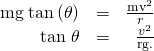 Rendered by QuickLaTeX.com \begin{array}{rrr}\text{mg}\phantom{\rule{0.25em}{0ex}}\text{tan}\left(\theta \right)& =& \frac{{\mathrm{mv}}^{2}}{r}\\ \text{tan}\phantom{\rule{0.25em}{0ex}}\theta & =& \frac{{v}^{2}}{\text{rg.}}\end{array}