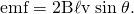 Rendered by QuickLaTeX.com \text{emf}=2\mathrm{B\ell v}\phantom{\rule{0.25em}{0ex}}\text{sin}\phantom{\rule{0.25em}{0ex}}\theta \text{.}