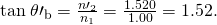 Rendered by QuickLaTeX.com {\text{tan}\phantom{\rule{0.25em}{0ex}}\theta \prime }_{\text{b}}=\frac{{n\prime }_{2}}{{n}_{1}}=\frac{1.520}{1.00}=1\text{.}\text{52.}