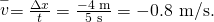 Rendered by QuickLaTeX.com \stackrel{-}{v}=\frac{\Delta x}{t}=\frac{-4\phantom{\rule{0.25em}{0ex}}\text{m}}{5\phantom{\rule{0.25em}{0ex}}\text{s}}=-\text{0.8 m/s.}