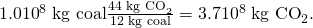 Rendered by QuickLaTeX.com 1\text{.}0×{\text{10}}^{8}\phantom{\rule{0.25em}{0ex}}\text{kg coal}×\frac{{\text{44 kg CO}}_{2}}{\text{12 kg coal}}=3\text{.}7×{\text{10}}^{8}\phantom{\rule{0.25em}{0ex}}{\text{kg CO}}_{2}\text{.}