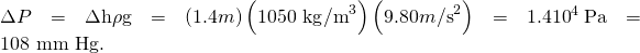 Rendered by QuickLaTeX.com \Delta P=\Delta \mathrm{h\rho g}=\left(1.4 m\right)\left(\text{1050 kg}{\text{/m}}^{3}\right)\left(9.80 m{\text{/s}}^{2}\right)=1\text{.}4×{\text{10}}^{4}\phantom{\rule{0.25em}{0ex}}\text{Pa}=\text{108 mm Hg}.