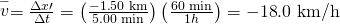 Rendered by QuickLaTeX.com \stackrel{-}{v}=\frac{\Delta x\prime }{\Delta t}=\left(\frac{-1\text{.}\text{50 km}}{5\text{.}\text{00 min}}\right)\left(\frac{\text{60 min}}{1 h}\right)=-\text{18}\text{.0 km/h}
