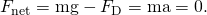 Rendered by QuickLaTeX.com {F}_{\text{net}}=\text{mg}-{F}_{\text{D}}=\text{ma}=0\text{.}