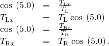 Rendered by QuickLaTeX.com \begin{array}{lll}\text{cos}\phantom{\rule{0.25em}{0ex}}\left(5.0º\right)& =& \frac{{T}_{\text{L}x}}{{T}_{\text{L}}}\\ {T}_{\text{L}x}& =& {T}_{\text{L}}\phantom{\rule{0.25em}{0ex}}\text{cos}\phantom{\rule{0.25em}{0ex}}\left(5.0º\right)\\ \text{cos}\phantom{\rule{0.25em}{0ex}}\left(5.0º\right)& =& \frac{{T}_{\text{R}x}}{{T}_{\text{R}}}\\ {T}_{\text{R}x}& =& {T}_{\text{R}}\phantom{\rule{0.25em}{0ex}}\text{cos}\phantom{\rule{0.25em}{0ex}}\left(5.0º\right).\end{array}