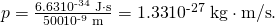 Rendered by QuickLaTeX.com p=\frac{6\text{.}\text{63}×{\text{10}}^{\text{-34}}\phantom{\rule{0.25em}{0ex}}\text{J}\cdot \text{s}}{\text{500}×{\text{10}}^{\text{-9}}\phantom{\rule{0.25em}{0ex}}\text{m}}=\text{1}\text{.}\text{33}×{\text{10}}^{\text{-27}}\phantom{\rule{0.25em}{0ex}}\text{kg}\cdot \text{m/s}.