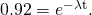 Rendered by QuickLaTeX.com 0\text{.}\text{92}={e}^{-\mathrm{\lambda t}}\text{.}