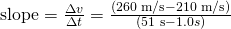 Rendered by QuickLaTeX.com \text{slope}=\frac{\Delta v}{\Delta t}=\frac{\left(\text{260 m/s}-\text{210 m/s}\right)}{\left(\text{51 s}-1.0 s\right)}