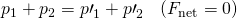 Rendered by QuickLaTeX.com {p}_{1}+{p}_{2}={p\prime }_{1}+{p\prime }_{2}\phantom{\rule{0.25em}{0ex}}\phantom{\rule{0.25em}{0ex}}\phantom{\rule{0.25em}{0ex}}\left({F}_{\text{net}}=0\right)