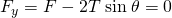 Rendered by QuickLaTeX.com {F}_{y}=F-2T\phantom{\rule{0.25em}{0ex}}\text{sin}\phantom{\rule{0.25em}{0ex}}\theta =0