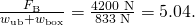 Rendered by QuickLaTeX.com \frac{{F}_{\text{B}}}{{w}_{\text{ub}}+{w}_{\text{box}}}=\frac{\text{4200 N}}{\text{833 N}}=\text{5.04}.