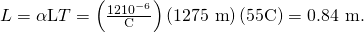 Rendered by QuickLaTeX.com \text{Δ}L=\mathrm{\alpha L}\text{Δ}T=\left(\frac{\text{12}×{\text{10}}^{-6}}{\text{º}\text{C}}\right)\left(\text{1275 m}\right)\left(\text{55}\text{º}\text{C}\right)=0\text{.}\text{84 m.}