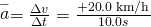 Rendered by QuickLaTeX.com \stackrel{-}{a}=\frac{\Delta v}{\Delta t}=\frac{+\text{20}\text{.0 km/h}}{\text{10}\text{.}0 s}