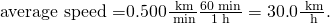 Rendered by QuickLaTeX.com \text{average speed =}0\text{.}\text{500}\frac{\text{ km}}{\text{ min}}×\frac{\text{60}\text{ min}}{1\text{ h}}=\text{30}\text{.}0\frac{\text{ km}}{\text{ h}}\text{.}