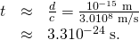 Rendered by QuickLaTeX.com \begin{array}{lll}\text{Δ}t& \approx & \frac{d}{c}=\frac{{\text{10}}^{-\text{15}}\phantom{\rule{0.25em}{0ex}}\text{m}}{3\text{.}0×{\text{10}}^{8}\phantom{\rule{0.25em}{0ex}}\text{m/s}}\\ & \approx & 3.3×{\text{10}}^{-\text{24}}\phantom{\rule{0.25em}{0ex}}\text{s.}\end{array}