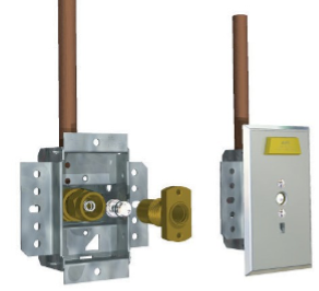 Figure 20. Rough-in body with check valve disassembled (left), bayonet styled (PISS) latch valve and trim plate installed (right)