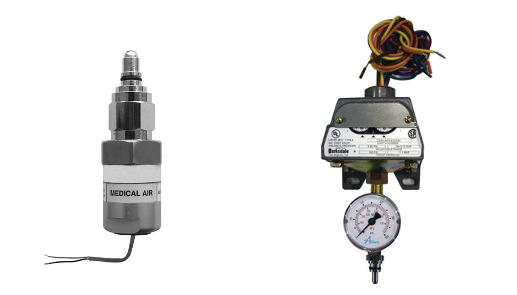 Figure 24. Pressure sensors; Pressure Transducer (left) Pressure Switch with gauge (right)