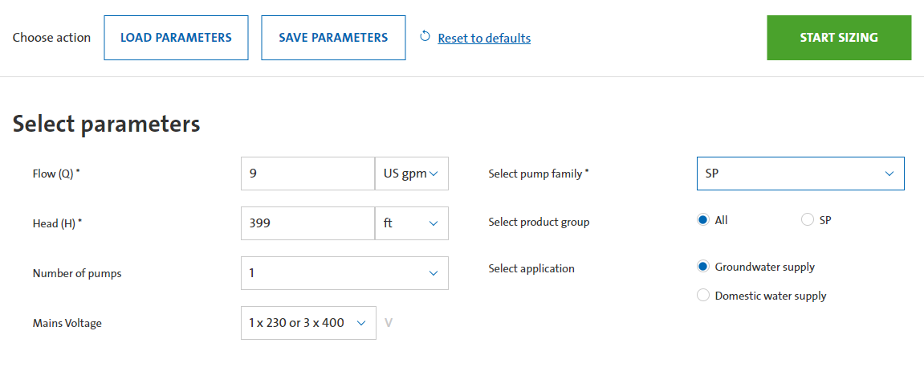 Figure 44 Sizing software parameter selection screen shot