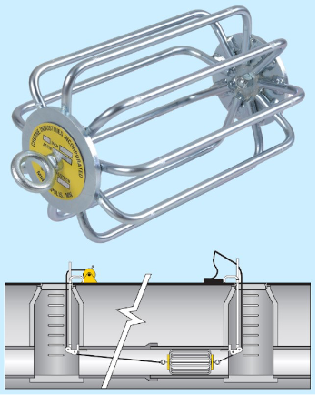 An image of a mandrel (top) and a labeleld diagram of a mandrel test (bottom). The mandrel is cylindrical in shape and constructed with an odd number of evenly spaced arms or prongs. In the mandrel test, a mandrel is connected to a chord on either end and is fed through one manhole to another. The mandrel is pulled from right to left through the pipe connecting the manholes.