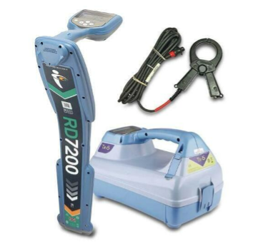 An electromagnetic pipe locator with three components: A black cable attached to a clamp (induction clamp), a transmitter that looks like a box with a handle and interface, and the location which look looks like an angled rod with an interface and buttons. This model is the RD7200 from Radiodetection.